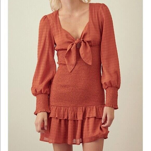 NEW! Storia Cinch orange long sleeve ruffle bodycon mini dress size Medium - Picture 1 of 7